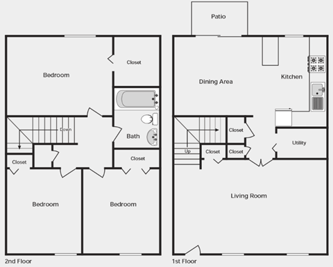Floor plan for 3 beds, 1 bath, 1137 sqft